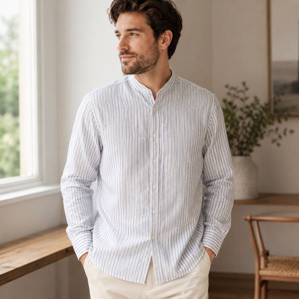 Murano Linen Shirt Men Small White Blue Striped Band Collar Roll Tab Button Up